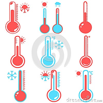 Set of Celsius and fahrenheit meteorology thermometers measuring heat and cold, vector illustration. Thermometer equipment showing Vector Illustration