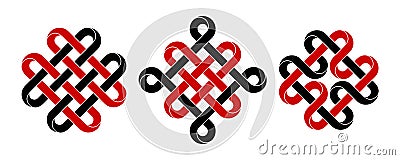 Set of celtic, chinese auspicious knots and quadruple Solomon knot made of intertwined mobius stripes. Stylized ancient Vector Illustration