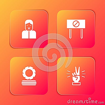 Set Censor and freedom of speech, Protest, Lying burning tires and Hand showing two finger icon. Vector Vector Illustration
