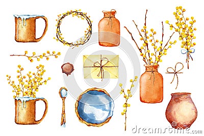 A set of ceramic dishes made by hands. Mug, cup, plate, vase, flowers, mimosa, envelope, jug. Watercolor illustration Cartoon Illustration
