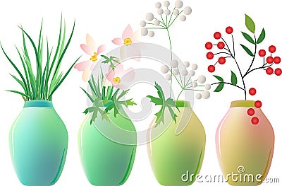 A set of ceramic jars with plants Vector Illustration