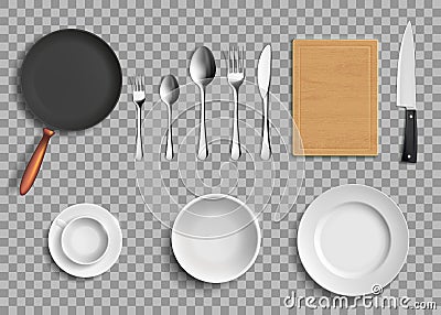 Set of ceramic plates and kitchen utensils. Vector Illustration