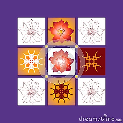 Set of ceramic tiles with flowers and decorative ornaments. Vector Illustration