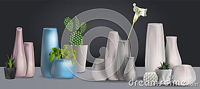 Set ceramic white vase 3D isolated on a black background. ollection of floor bowls in a realistic style. Different forms of vases Vector Illustration