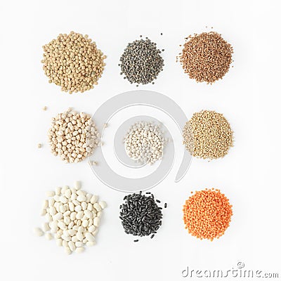 Set cereals white background Healthy food source protein vegetarians Stock Photo