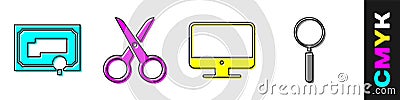 Set Certificate template, Scissors, Computer monitor screen and Magnifying glass icon. Vector Vector Illustration