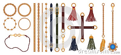 Set of chains, straps and belts, braid and pendant. Fashion jewelry elements print for fabric design. Vector. Vector Illustration