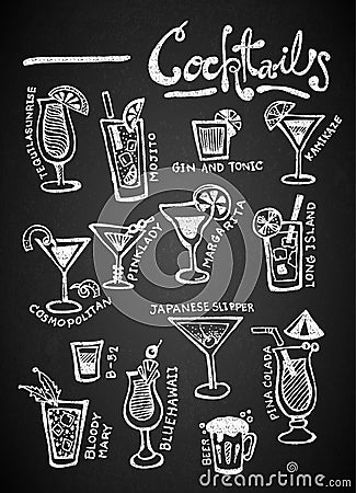 Set of chalk Cocktails on blackboard Vector Illustration