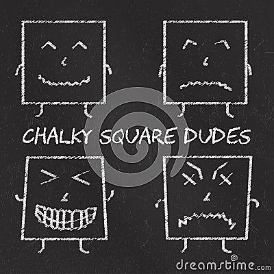 Set of chalk emoticons, blackboard background, emoji chalky square dudes. Vector Illustration