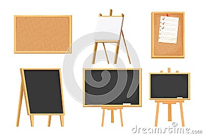Set chalkboard, blackboard, easel, cork board on tripod in cartoon style isolated on white background. Collection Vector Illustration