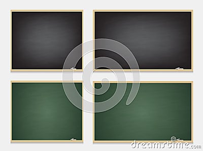 Set of chalkboards green and black. Realistic black and green blackboard in wooden frame. Vector Illustration