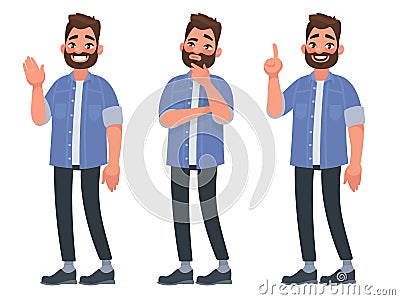 Set of character bearded man greets , thinks and finds a solution. Vector illustration in cartoon style Cartoon Illustration