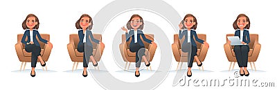 Set of character of a business woman sitting in a chair. A girl employee in a armchair speaks, thinks, works at a laptop Cartoon Illustration