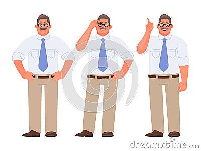 Set of character of a businessman or employee of the company. The man thinks, doubts and solves the problem Cartoon Illustration