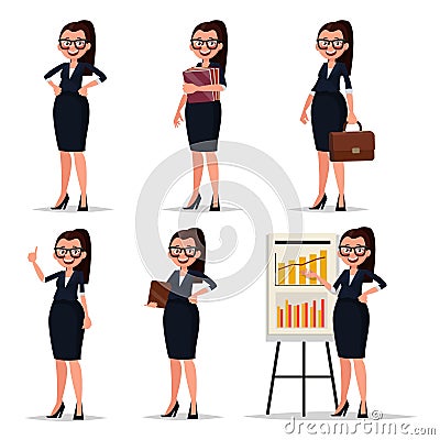 Set character businesswoman, secretary or teacher. Smiling business woman in various poses on a white background. Cartoon Illustration