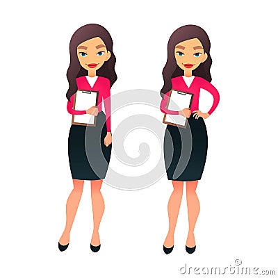 Set character businesswoman in various poses. Cartoon vector secretary or teacher on different working situations Vector Illustration