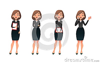 Set character businesswoman in various poses. Cartoon vector secretary or teacher on different working situations Vector Illustration