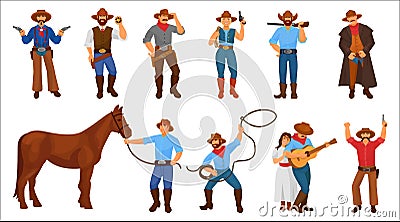 Set of character cowboy sheriff men and woman from western. Vector Illustration