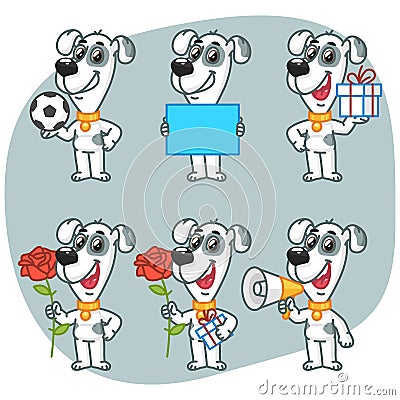 Set Character Dog Holding Ball Paper Flower Gift Megaphone Vector Illustration