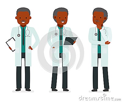 Set character male doctor in various poses. Element for medical information poster. Vector Illustration