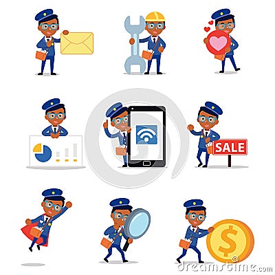 Set of character male postman deliver mails and packages Vector Illustration