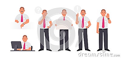 Set of character manager or employee of the company in various actions. Smiling man at desktop, thinks Cartoon Illustration