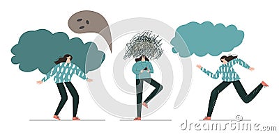 Set of character with mental disorder. Symptoms depression, behavior problem, stressful mind. Vector Illustration