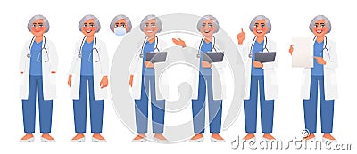Set of character of a woman doctor in a white coat and with a stethoscope. A health worker wearing a mask Cartoon Illustration