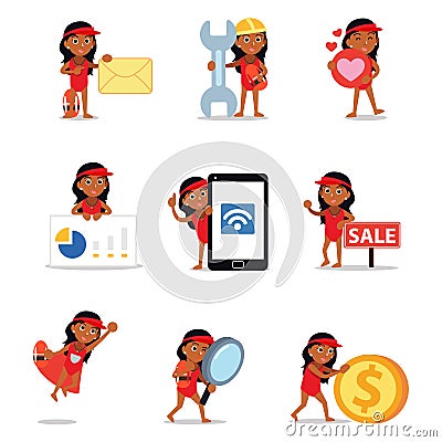 Set of character woman life guard with rescue equipment Vector Illustration