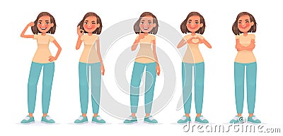 Set of character woman showing various positive gestures. Cute girl demonstrates a gesture of female power, okay, cool, heart Cartoon Illustration