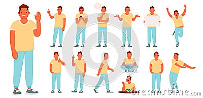 Set of character of a young man in various poses and actions. The guy is engaged in daily affairs. He works, rests, eats Cartoon Illustration