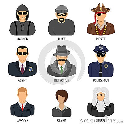 Set Characters of Criminals and Law Enforcers Vector Illustration