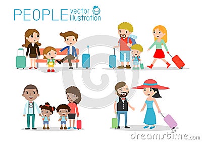 Set characters family travelers. people and kids travelling . Flat design.traveling family on vacation.Vector Illustration Vector Illustration