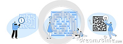 Set Characters Finding Idea, Solution In Labyrinth. Challenge And Problem Solving Concept. Confused People At Maze Vector Illustration