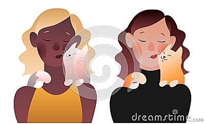 Set with characters. Girls with their cats. Colored vector illustration Vector Illustration