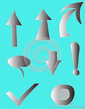 Set of characters - gray gradient on arrows, cursor, exclamation mark, blue background, isolated characters drawn by hand Stock Photo