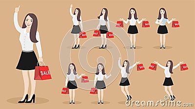 Set of characters happy girl with purchases with sales. Vector Illustration