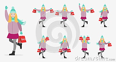 Set of characters happy girl in winter clothes with bag. Vector Illustration