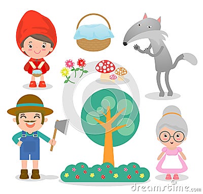 Set of characters from Little Red Riding Hood fairy tale on white background, Vector Illustration. Vector Illustration