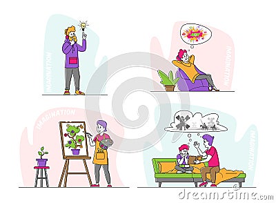 Set of Characters with Luxuriant Imagination. Relaxed Woman Dreaming Imagine Colorful Pictures, Dad Tell Stories to Son Vector Illustration