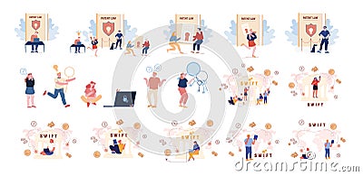 Set of Characters and Patent Law. People Lose Password for Internet Account or Computer Access, Using Swift Bank Service Vector Illustration