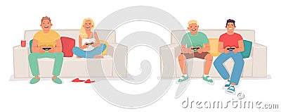 Set of characters playing video games on the console. Friends and a couple of young people are sitting on the couch Cartoon Illustration