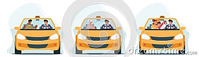 Set of Characters Use Taxi Service. Customers or Clients and Driver in Cab View Through Windshield. Family with Children Vector Illustration