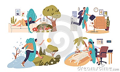 Set Of Characters Using Portals To Teleport To Various Locations Like An Office, Beach, And Concepts Of Instant Travel Vector Illustration
