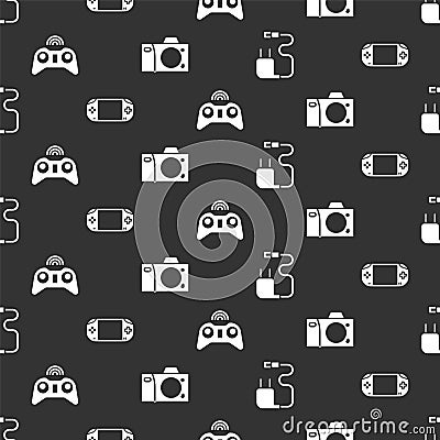 Set Charger, Portable video game console, Wireless gamepad and Photo camera on seamless pattern. Vector. Vector Illustration