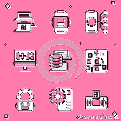 Set Chat bot, Neural network, Algorithm, Server, Data, Robot setting and icon. Vector Stock Photo