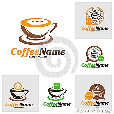 Set of Chat Coffee Logo Design Template. Consult Coffee logo concept vector. Creative Icon Symbol Stock Photo