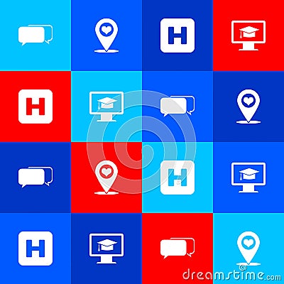 Set Chat, Map pointer with heart, Hospital and Monitor graduation cap icon. Vector Vector Illustration