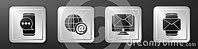 Set Chat messages notification on phone, Earth globe with mail, Monitor and envelope and Mobile and envelope icon Vector Illustration