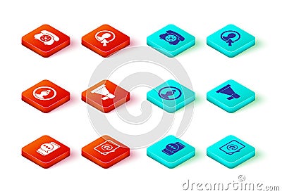Set Chat messages notification on phone, Mail and e-mail, Create account screen, Megaphone, and Telephone icon. Vector Stock Photo